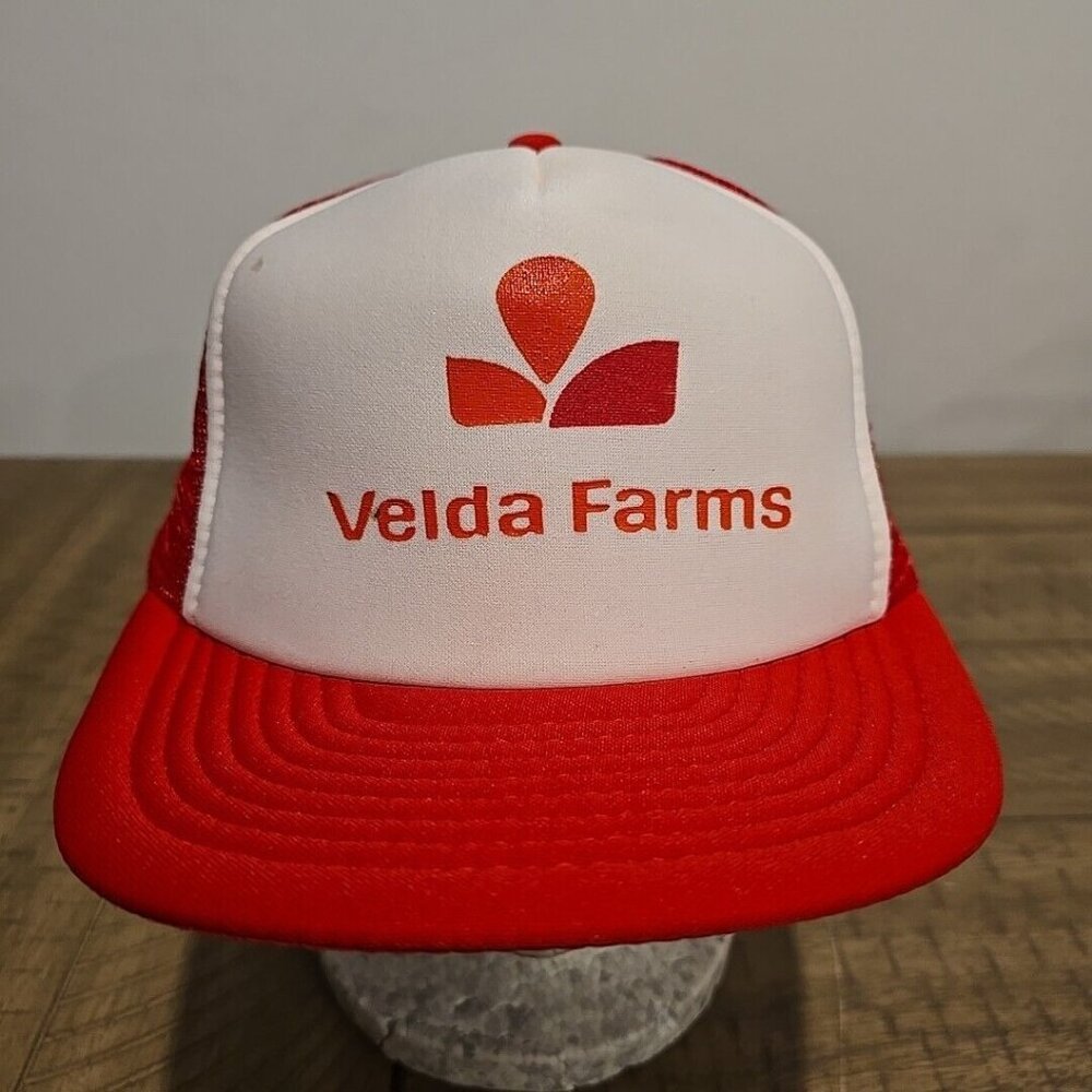 Vintage Velda Farms Trucker Hat Cap Red Snapback Mesh Adjustable Flat Bill